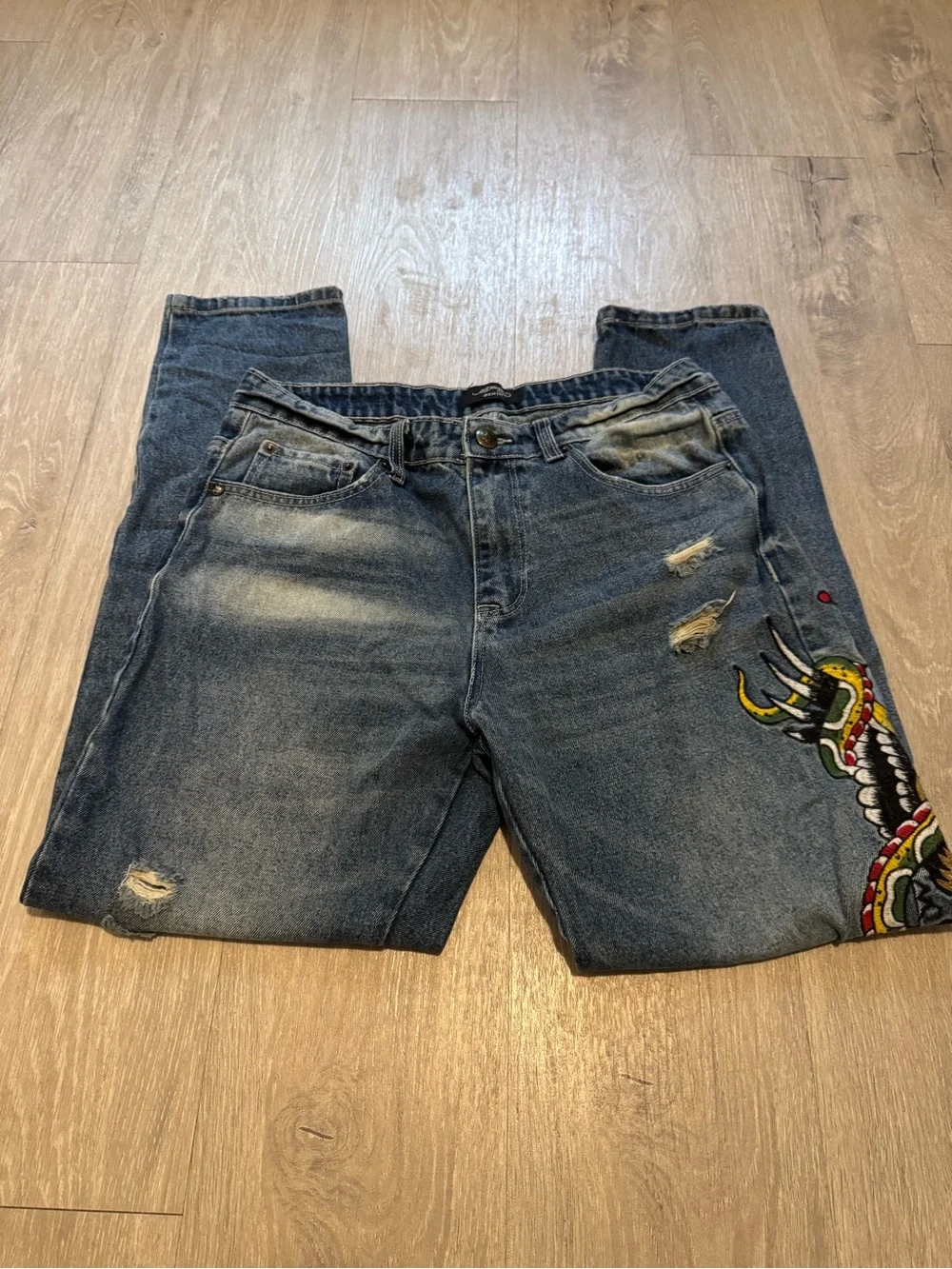 Ed Hardy Blue Slim Straight Jeans with Multicolor Dragon Embroidery
